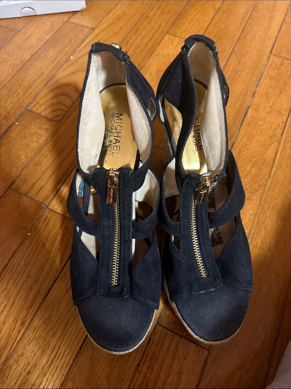 Michael Kors Black Suede Zip Front Wedge Sandals